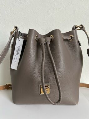 Dooney & Bourke Grey Pebbled Leather Drawstring Bucket Shoulder Bag